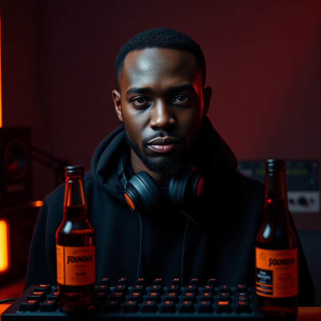 Clarence Sakagwa, founder of SKG — Kisii-born producer-developer in a black hoodie, studio headphones, mechanical keyboard glowing orange, craft brew on the desk.