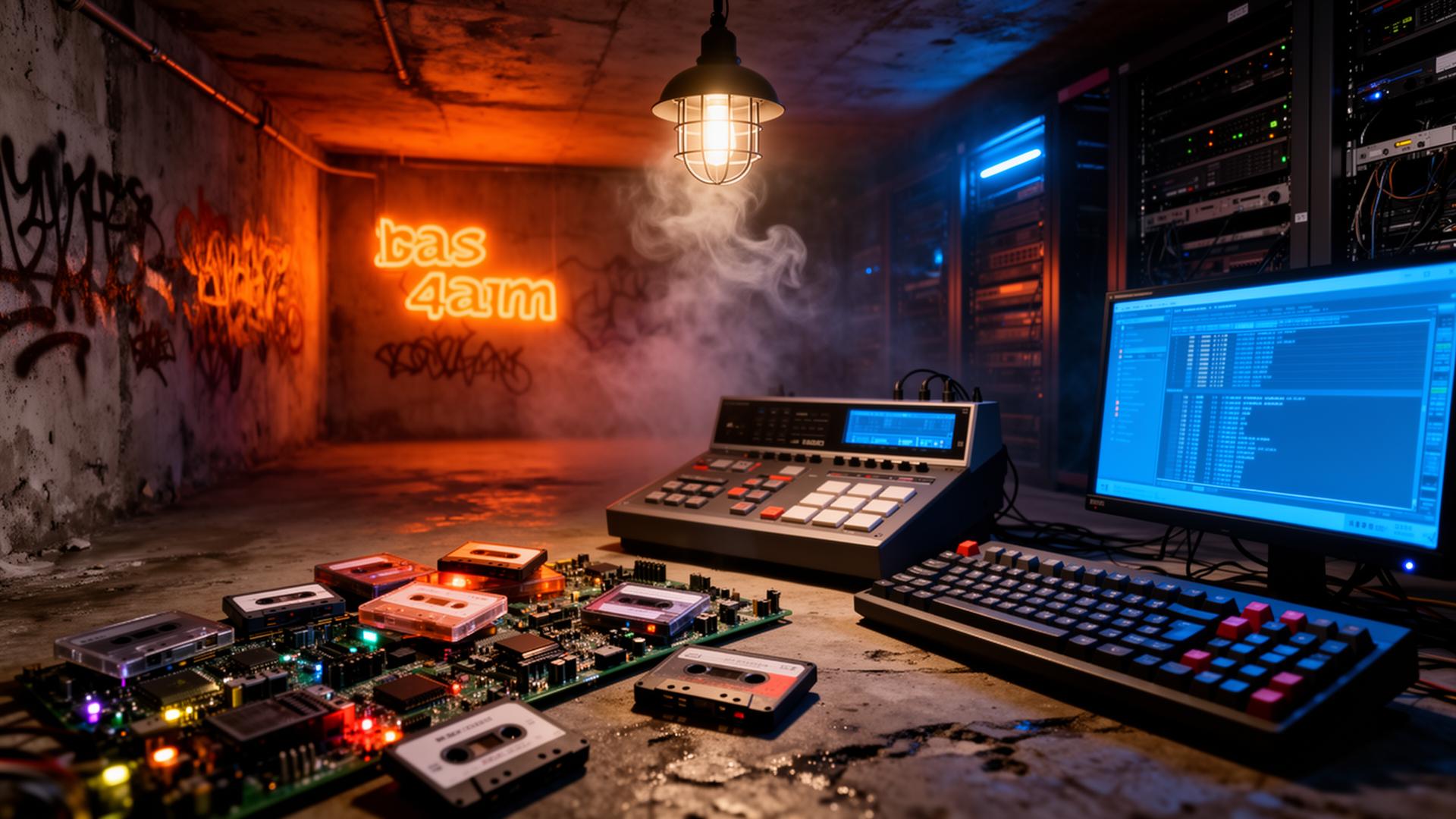 Late-night studio meets server room: cassette tapes, MPC drum machine, mechanical keyboard, and circuit boards bathed in orange neon and terminal-blue glow.